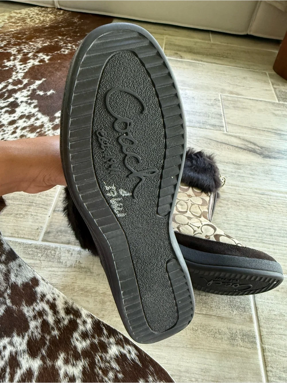Coach “Faith” Logo Jacquard Rabbit-Fur Trim Winter Boots size 6.5